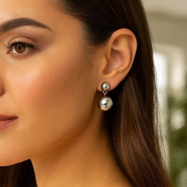 Sterling Silver Rhodium Plated Puffed Round Double Button Drop Earrings - alternate view 4