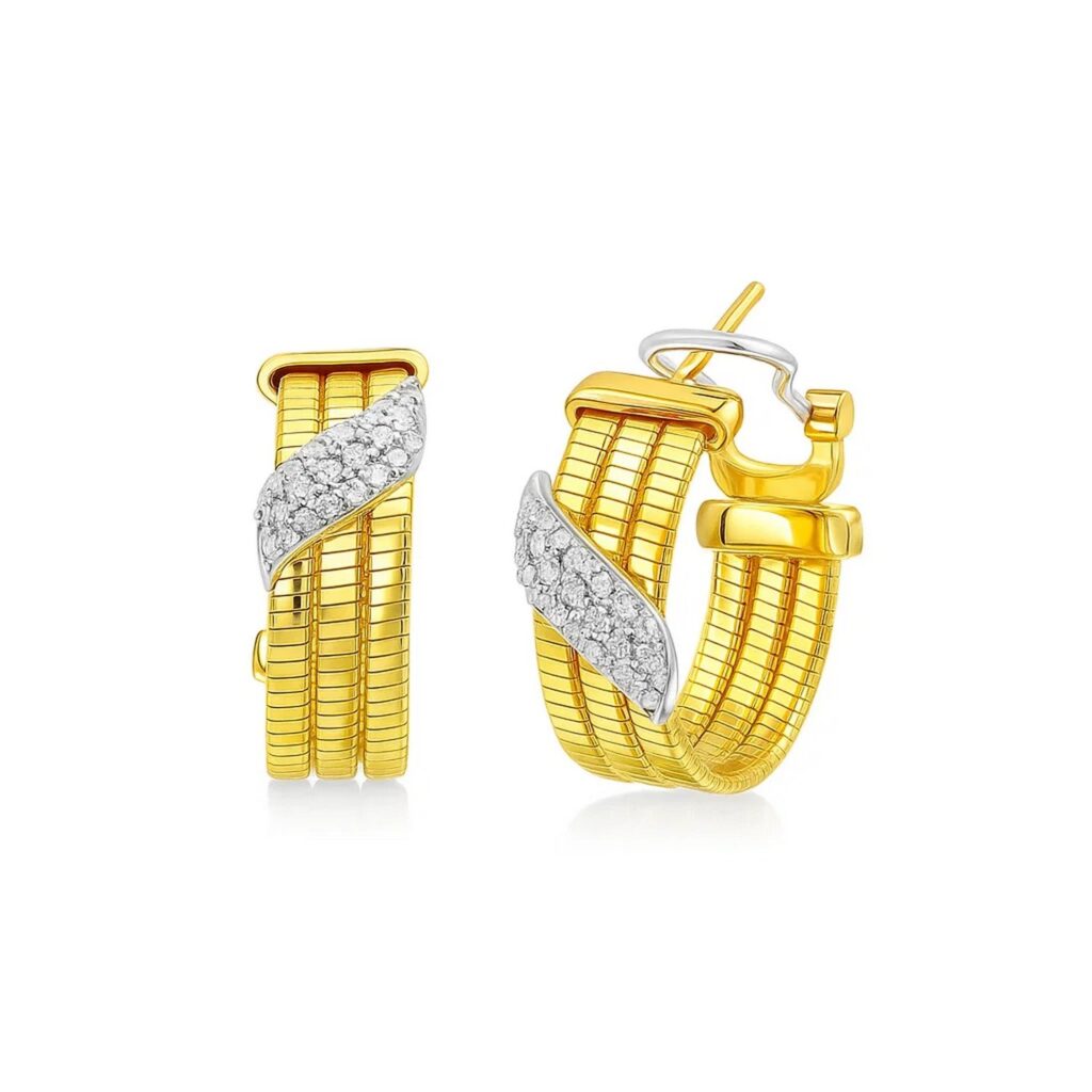 14K Yellow Gold Triple Row Diamond Omega Hoop Earrings