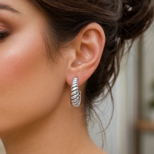 Sterling Silver Rhodium Plated Large Ribbed Twisted Hoop Earrings - alternate view 2