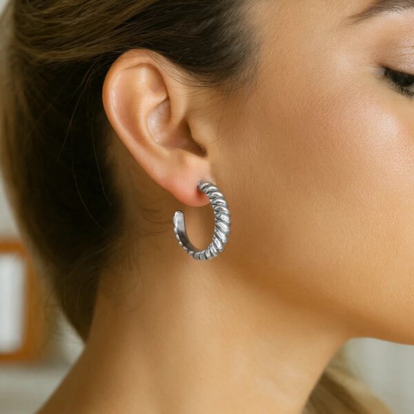 Sterling Silver Rhodium Plated Large Ribbed Twisted Hoop Earrings - alternate view 3