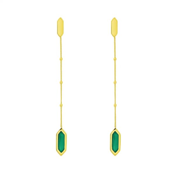 14K Yellow Gold Hexagon Malachite Drop Earrings - alternate view 2