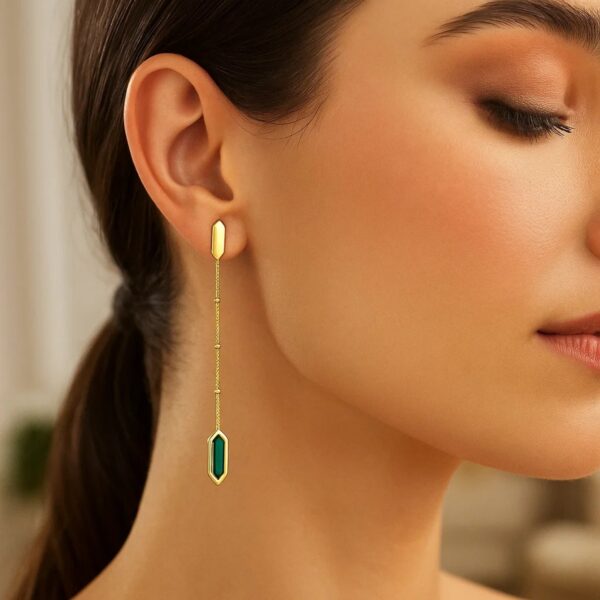 14K Yellow Gold Hexagon Malachite Drop Earrings - alternate view 3