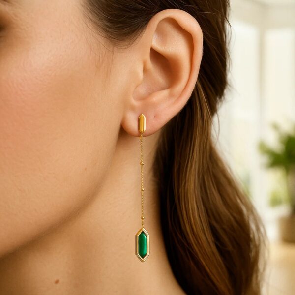 14K Yellow Gold Hexagon Malachite Drop Earrings - alternate view 4