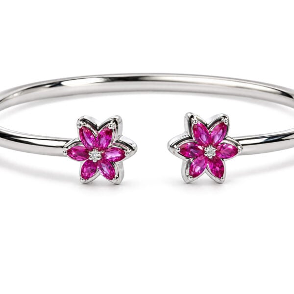 .925 Sterling Silver Ruby with Diamond Accent Floral Flexy Open Bangle Bracelet - alternate view 2
