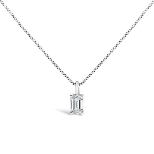14K White Gold 3/4 Cttw Lab Grown Emerald Cut Solitaire Diamond Pendant Necklace
