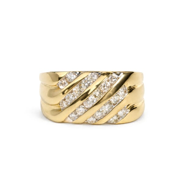 10K Yellow Gold men's five-row channel set diamond band ring with 20 round natural diamonds