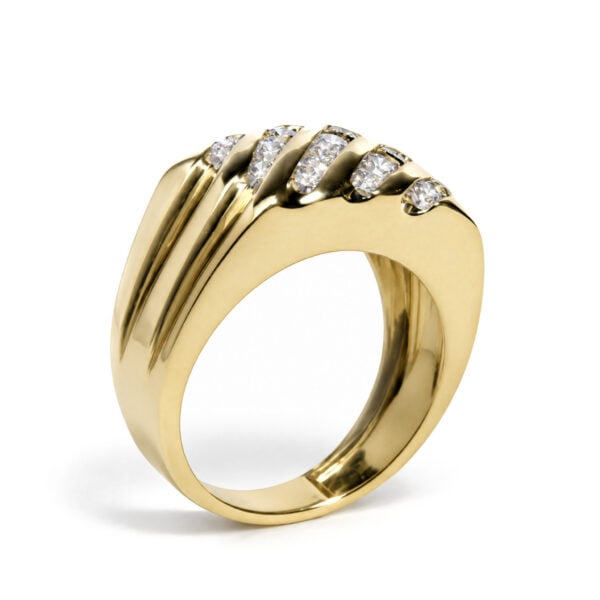 Five-row 10K Yellow Gold men's band ring with 20 round diamonds