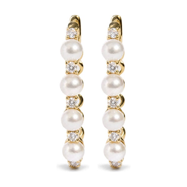14K Yellow Gold 4mm Cultured South Sea Pearl and 1/4 Cttw Diamond Alternating Hoop Earrings - alternate view 2