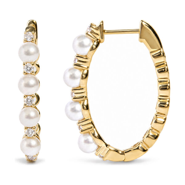 14K Yellow Gold 4mm Cultured South Sea Pearl and 1/4 Cttw Diamond Alternating Hoop Earrings - alternate view 3