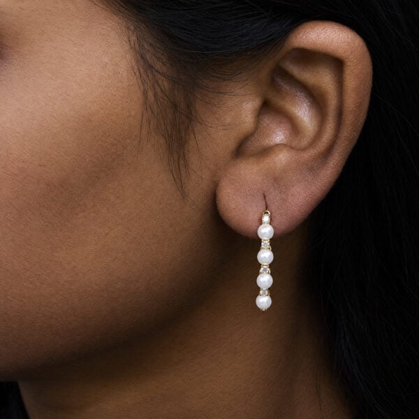 14K Yellow Gold 4mm Cultured South Sea Pearl and 1/4 Cttw Diamond Alternating Hoop Earrings - alternate view 5