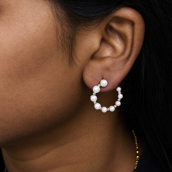 14K Yellow Gold 1/5 Cttw Diamond and Graduated South Sea Pearl Open Hoop Earrings - alternate view 5