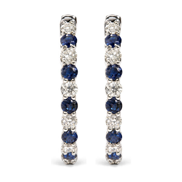 14K White Gold 5/6 Cttw Diamond and Round Blue Sapphire Alternating Hoop Earrings - alternate view 2