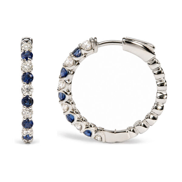 14K White Gold 5/6 Cttw Diamond and Round Blue Sapphire Alternating Hoop Earrings - alternate view 3