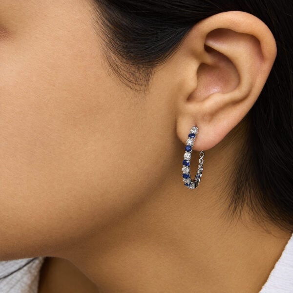 14K White Gold 5/6 Cttw Diamond and Round Blue Sapphire Alternating Hoop Earrings - alternate view 5