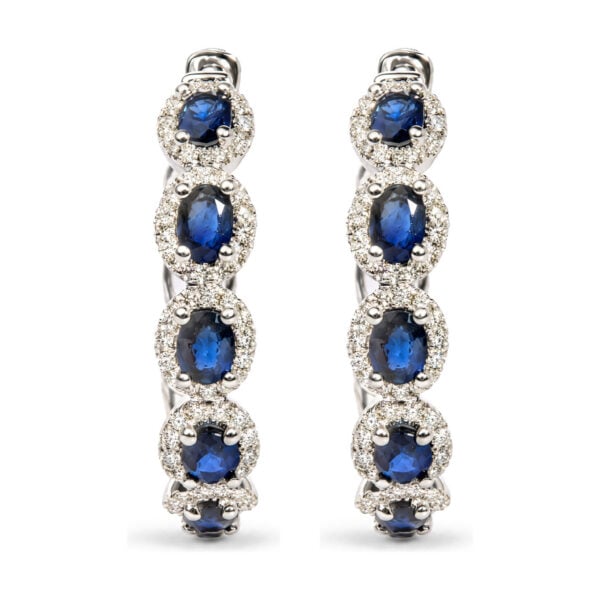 14K White Gold 1/2 Cttw Diamond and Oval Blue Sapphire Halo Hoop Earrings - alternate view 2