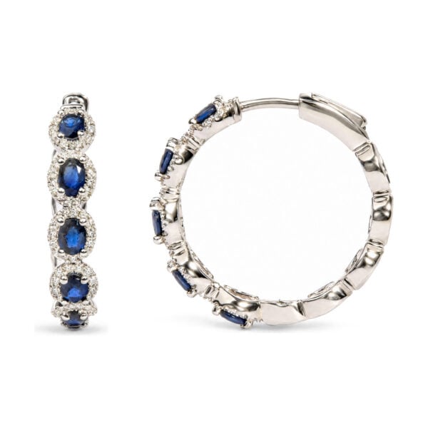 14K White Gold 1/2 Cttw Diamond and Oval Blue Sapphire Halo Hoop Earrings - alternate view 3