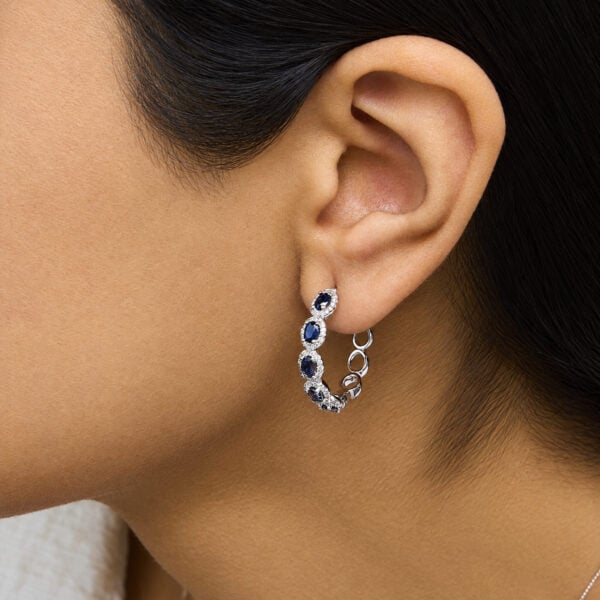 14K White Gold 1/2 Cttw Diamond and Oval Blue Sapphire Halo Hoop Earrings - alternate view 5