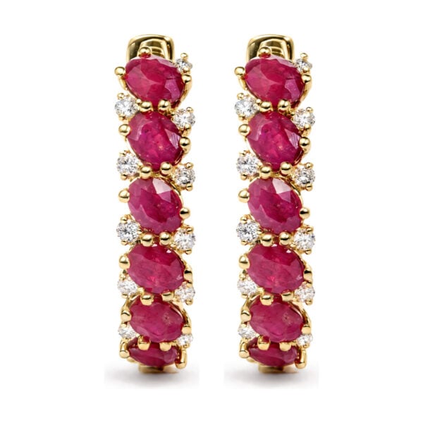 14K Yellow Gold 1/4 Cttw Diamond and Oval Ruby Alternating Hoop Earrings - alternate view 2