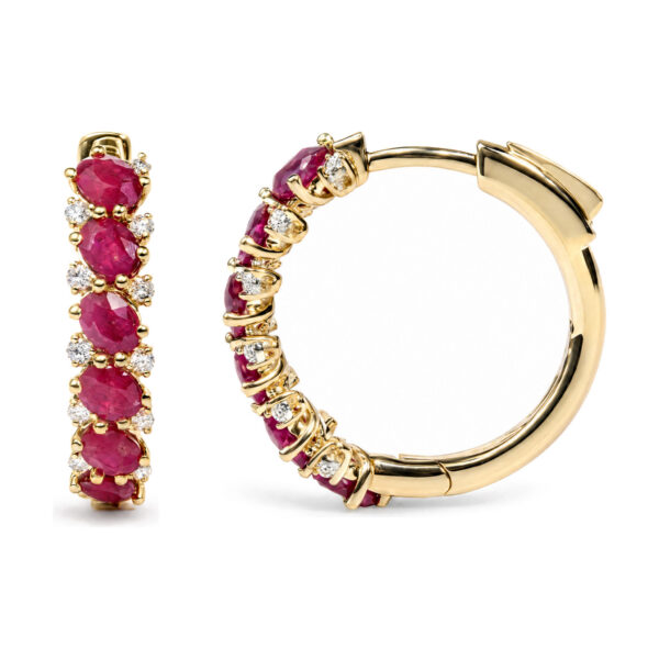 14K Yellow Gold 1/4 Cttw Diamond and Oval Ruby Alternating Hoop Earrings - alternate view 3
