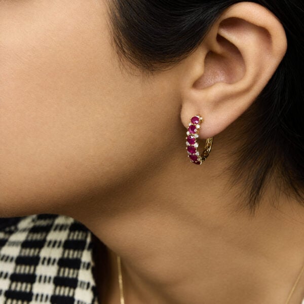 14K Yellow Gold 1/4 Cttw Diamond and Oval Ruby Alternating Hoop Earrings - alternate view 5