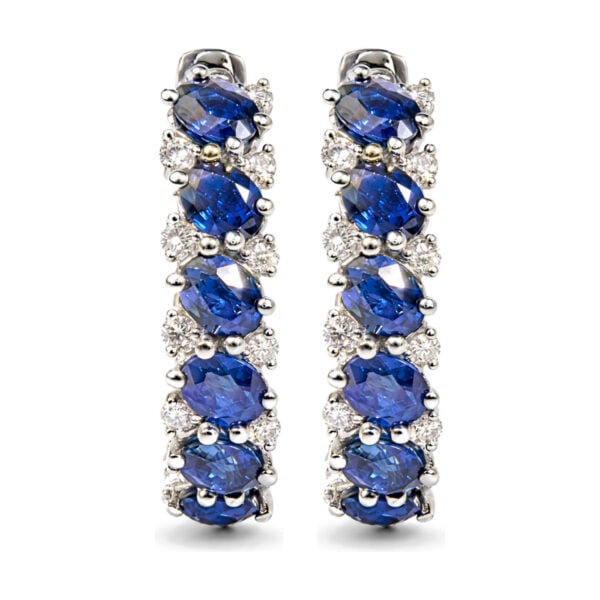 14K White Gold 1/4 Cttw Diamond and Oval Blue Sapphire Alternating Hoop Earrings - alternate view 2