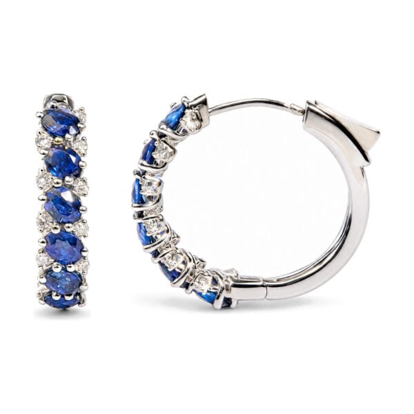 14K White Gold 1/4 Cttw Diamond and Oval Blue Sapphire Alternating Hoop Earrings - alternate view 3