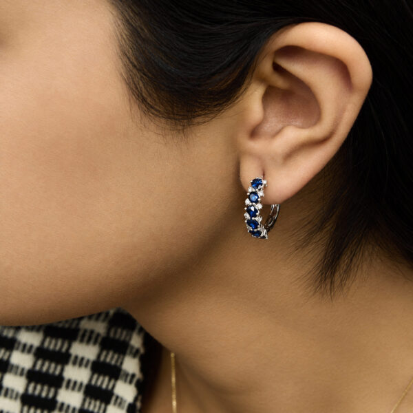 14K White Gold 1/4 Cttw Diamond and Oval Blue Sapphire Alternating Hoop Earrings - alternate view 5
