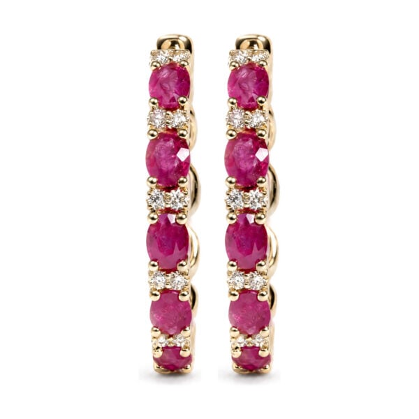 14K Yellow Gold 1/4 Cttw Diamond and Oval Ruby Alternating Hoop Earrings - alternate view 2