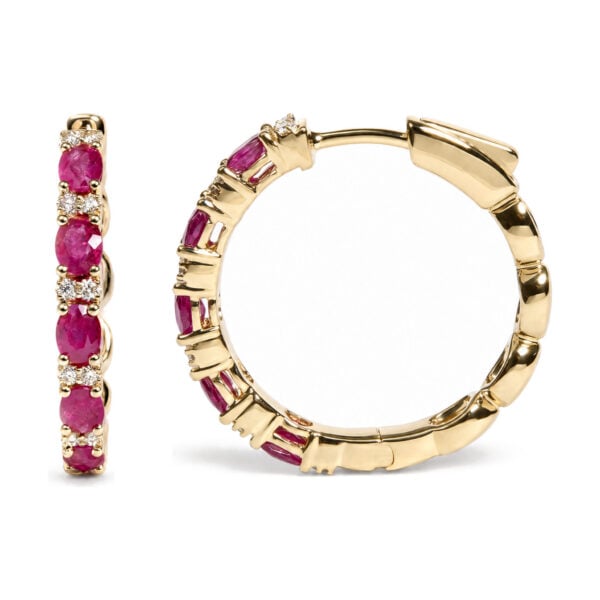 14K Yellow Gold 1/4 Cttw Diamond and Oval Ruby Alternating Hoop Earrings - alternate view 3