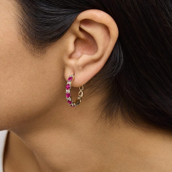 14K Yellow Gold 1/4 Cttw Diamond and Oval Ruby Alternating Hoop Earrings - alternate view 5