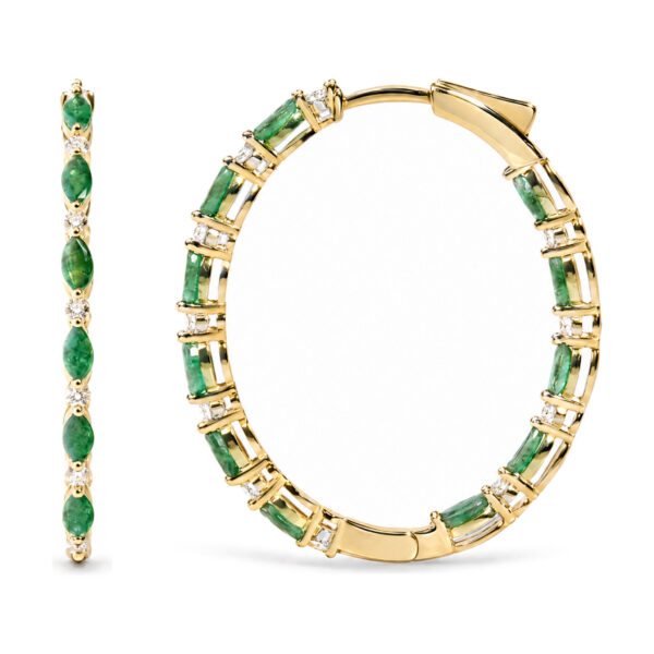 14K Yellow Gold 3/8 Cttw Diamond and Marquise Emerald Alternating Inside-Out Hoop Earrings - alternate view 3