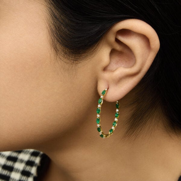 14K Yellow Gold 3/8 Cttw Diamond and Marquise Emerald Alternating Inside-Out Hoop Earrings - alternate view 5