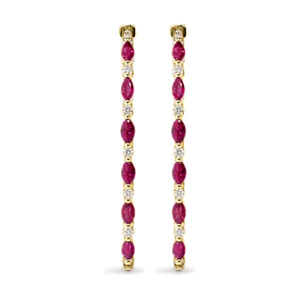 14K Yellow Gold 3/8 Cttw Diamond and Marquise Ruby Alternating Inside-Out Hoop Earrings - alternate view 2