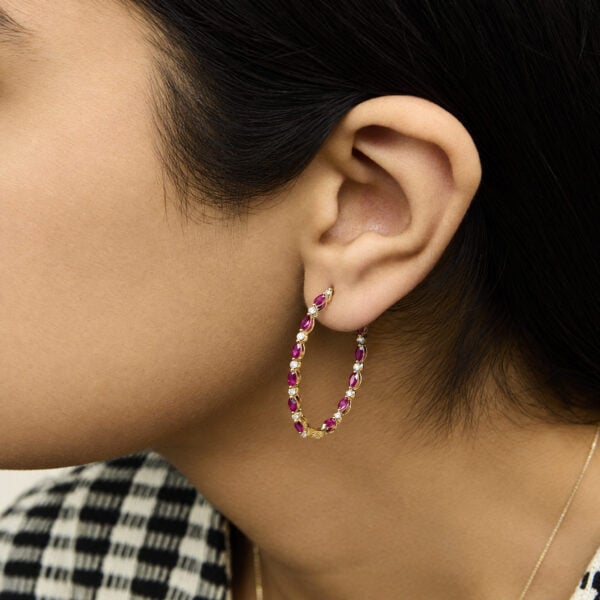 14K Yellow Gold 3/8 Cttw Diamond and Marquise Ruby Alternating Inside-Out Hoop Earrings - alternate view 5