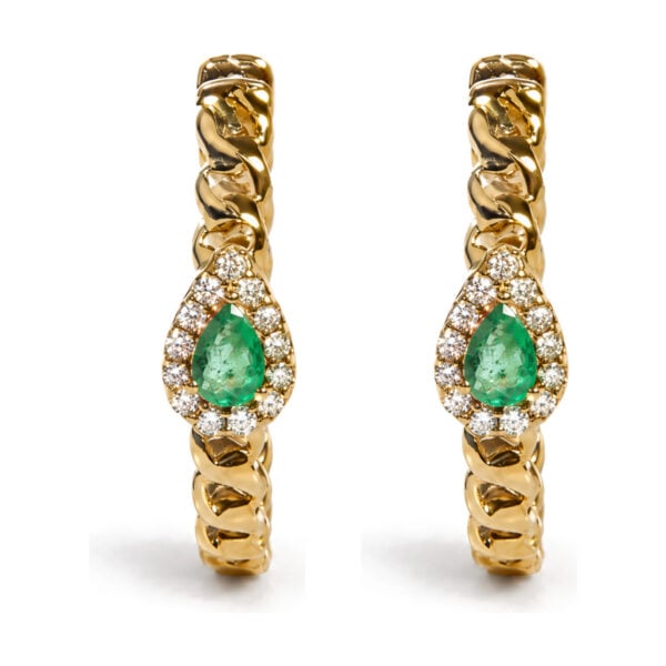 10K Yellow Gold 1/7 Cttw Diamond and Pear-Shaped Emerald Halo Cuban Link Hoop Earrings - alternate view 2
