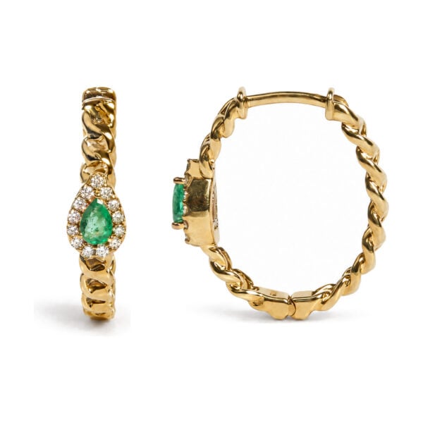10K Yellow Gold 1/7 Cttw Diamond and Pear-Shaped Emerald Halo Cuban Link Hoop Earrings - alternate view 3