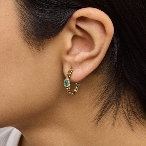 10K Yellow Gold 1/7 Cttw Diamond and Pear-Shaped Emerald Halo Cuban Link Hoop Earrings - alternate view 5
