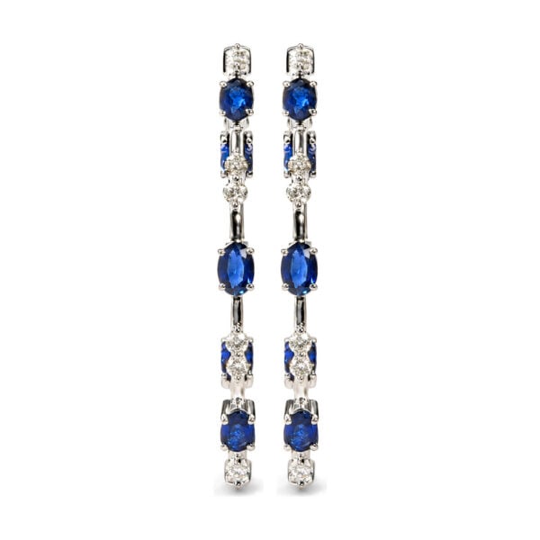 14K White Gold 6/7 Cttw Diamond and Oval Blue Sapphire Station Hoop Earrings - alternate view 2