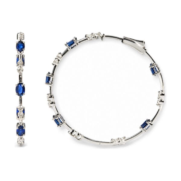 14K White Gold 6/7 Cttw Diamond and Oval Blue Sapphire Station Hoop Earrings - alternate view 3