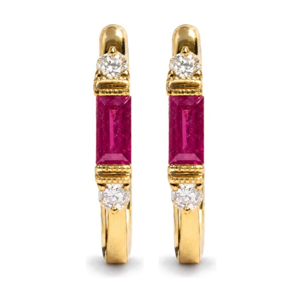 10K Yellow Gold 1/10 Cttw Diamond and Baguette Ruby Huggie Hoop Earrings - alternate view 2