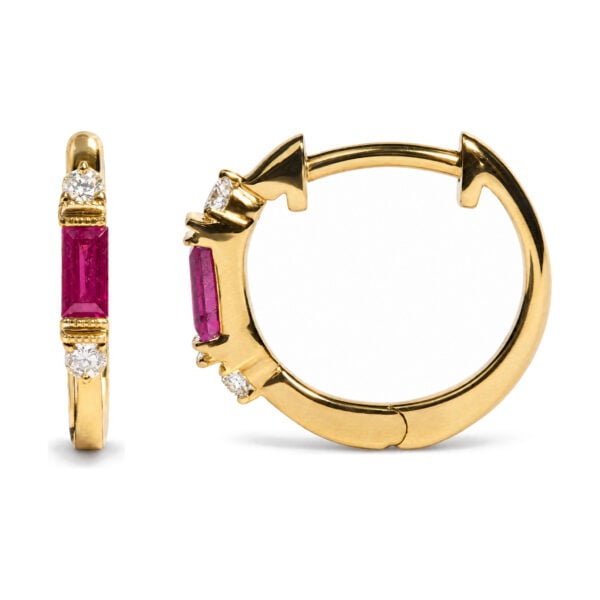 10K Yellow Gold 1/10 Cttw Diamond and Baguette Ruby Huggie Hoop Earrings - alternate view 3