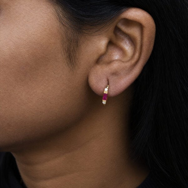 10K Yellow Gold 1/10 Cttw Diamond and Baguette Ruby Huggie Hoop Earrings - alternate view 5