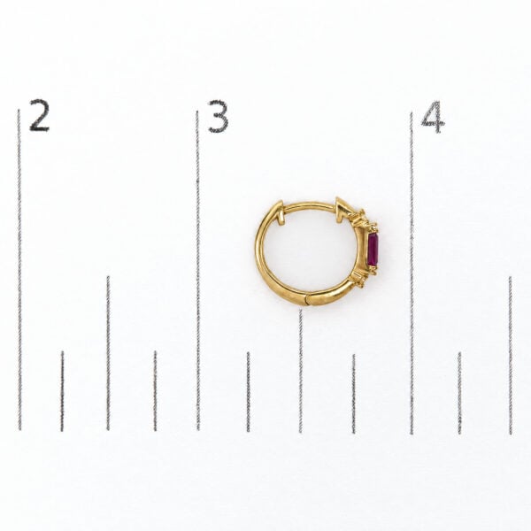 10K Yellow Gold 1/10 Cttw Diamond and Baguette Ruby Huggie Hoop Earrings - alternate view 4