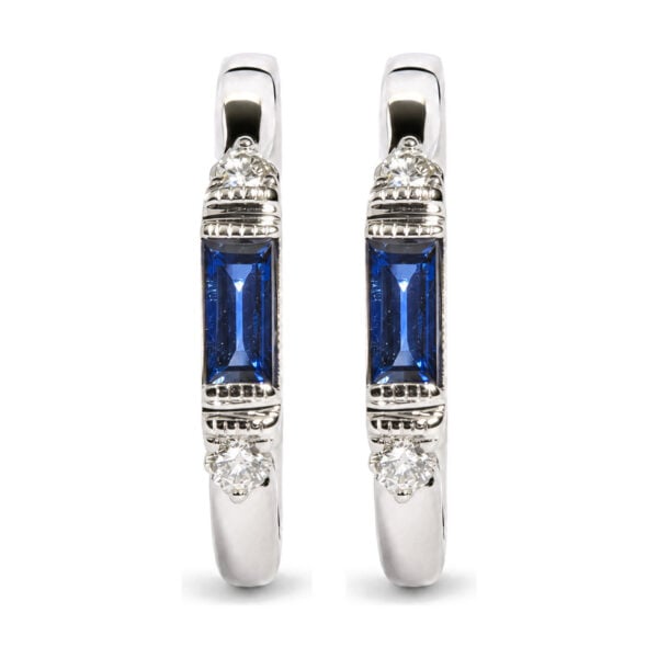 10K White Gold 1/10 Cttw Diamond and Baguette Blue Sapphire Milgrain Huggie Hoop Earrings - alternate view 2