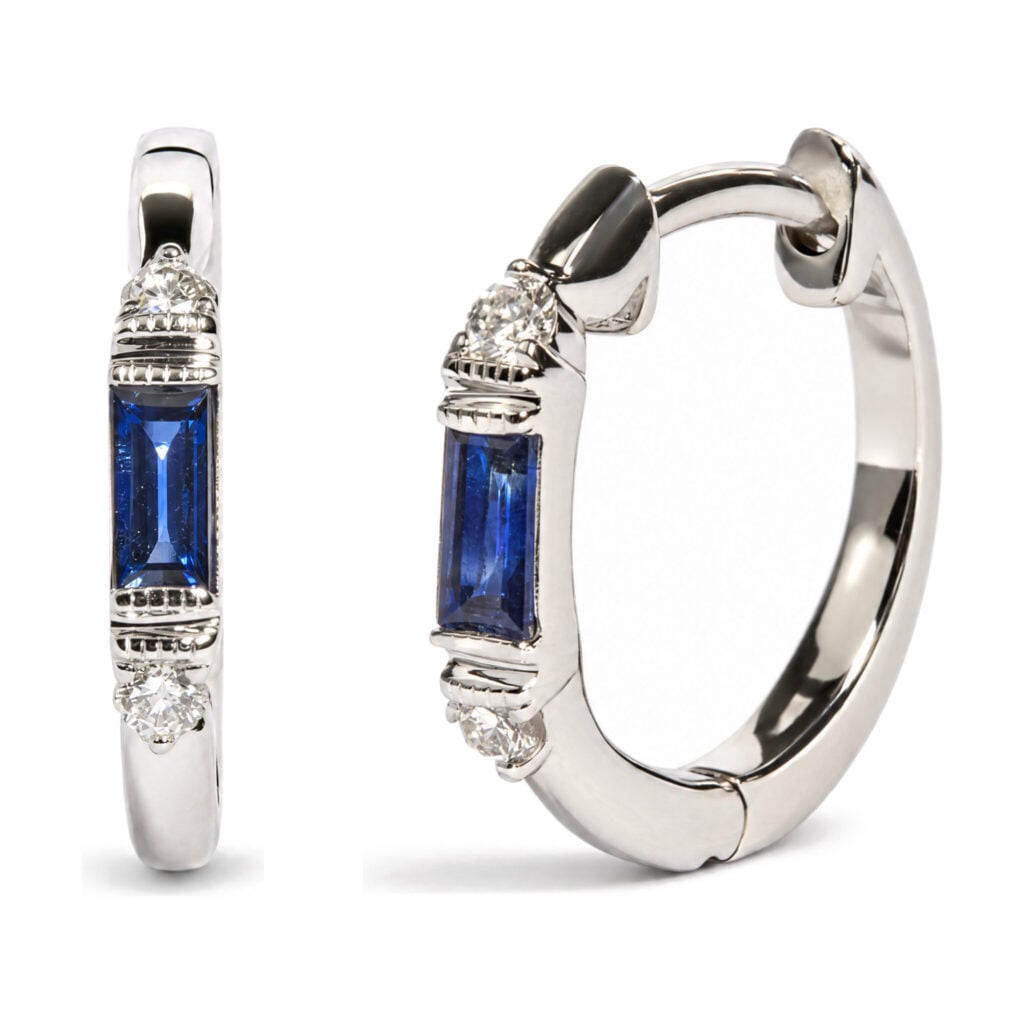 10K White Gold 1/10 Cttw Diamond and Baguette Blue Sapphire Milgrain Huggie Hoop Earrings