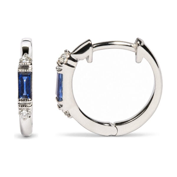 10K White Gold 1/10 Cttw Diamond and Baguette Blue Sapphire Milgrain Huggie Hoop Earrings - alternate view 3