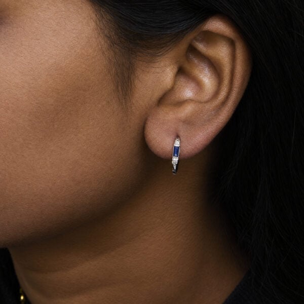 10K White Gold 1/10 Cttw Diamond and Baguette Blue Sapphire Milgrain Huggie Hoop Earrings - alternate view 5