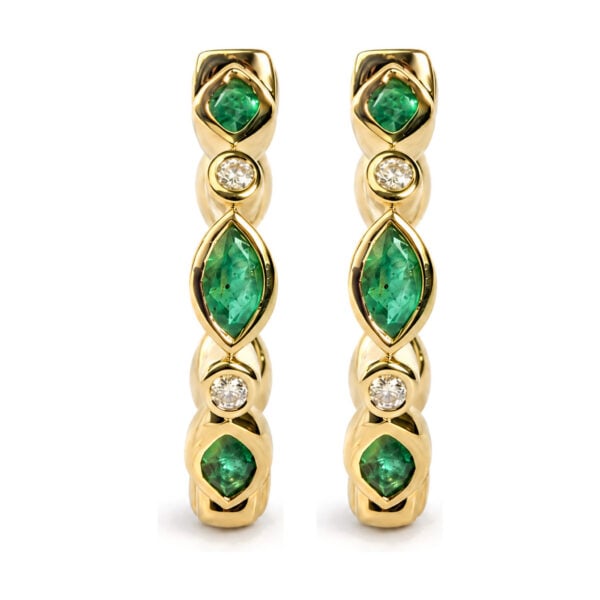 10K Yellow Gold Marquise Emerald and Diamond Bezel-Set Station Hoop Earrings - alternate view 2