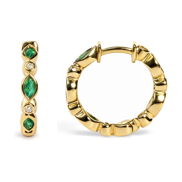 10K Yellow Gold Marquise Emerald and Diamond Bezel-Set Station Hoop Earrings - alternate view 3