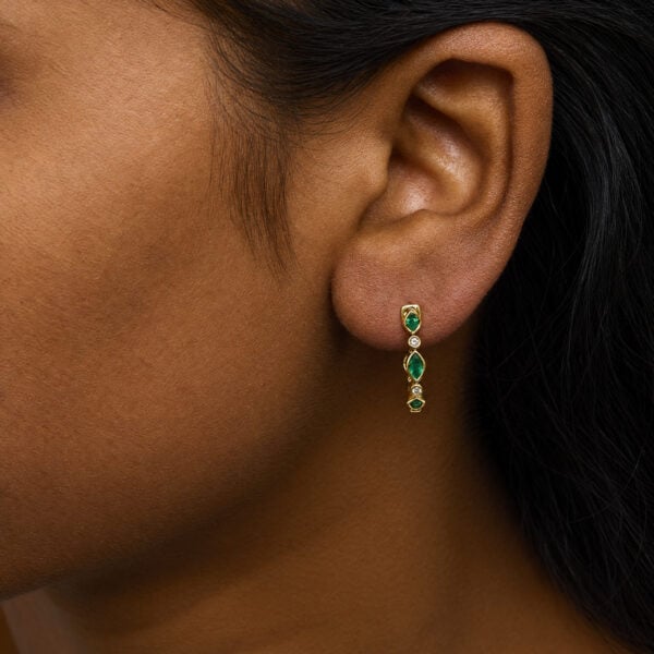10K Yellow Gold Marquise Emerald and Diamond Bezel-Set Station Hoop Earrings - alternate view 5